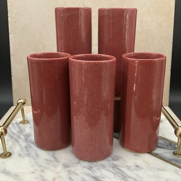 Set Of 5 Vintage Dryden Tall Cups # 4 Rose Mauve Hand Turned Pottery Hot Springs - Picture 1 of 13
